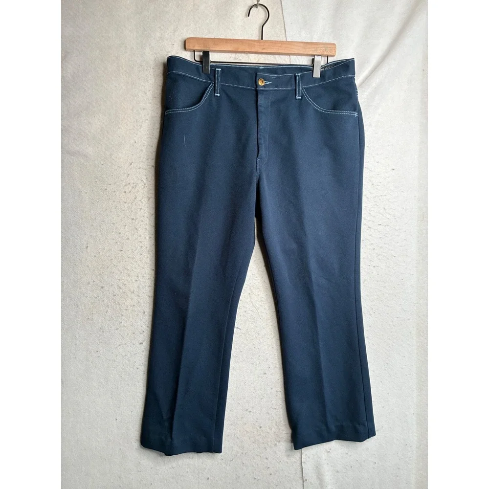 Vintage Farah Mens Navy Blue Trousers Contrast Stitch Polyester Pants USA SZ 37